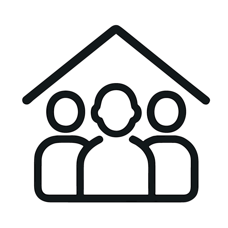 Three people under a roof.