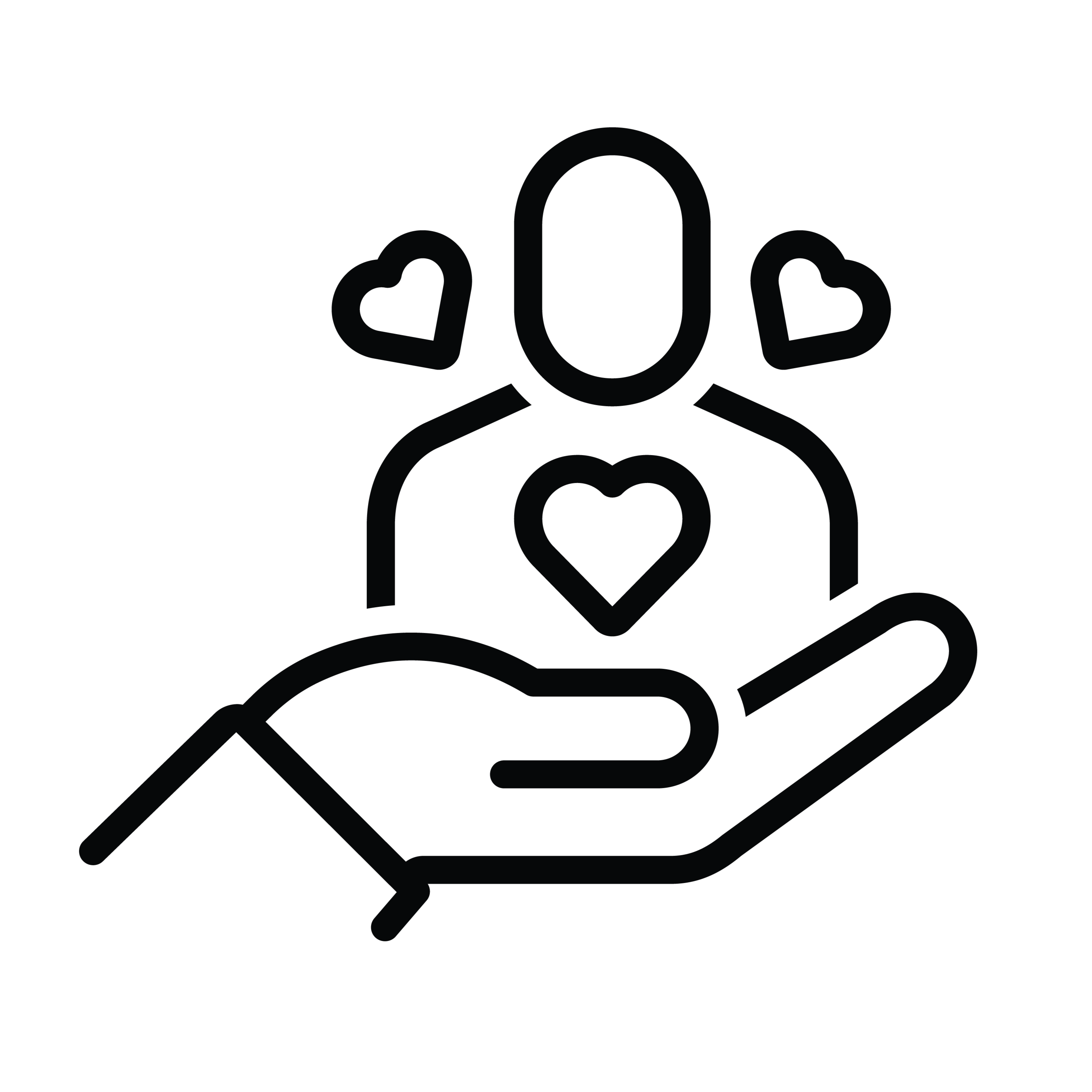 A person icon with hearts in the palm of a large hand.